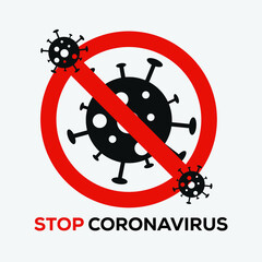 Sign caution coronavirus. Stop coronavirus. Coronavirus danger and public health risk disease and flu outbreak. Pandemic medical concept with dangerous cells.Vector flat illustration
