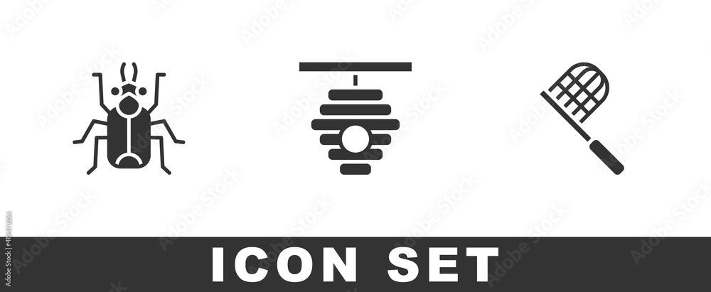 Aufkleber set beetle bug, hive for bees and butterfly net icon. vector.