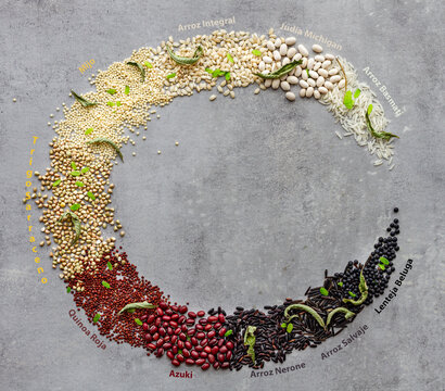 Top view of assorted white and brown grains composed in letter C for cereals on gray background