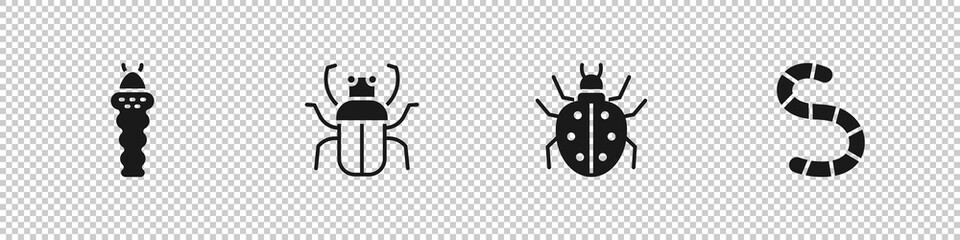 Set Larva insect, Stink bug, Mite and Worm icon. Vector.