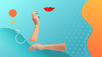 Conceptual contemporary art collage. Female acting for posing for a picture. Hands holding an invisible head. 