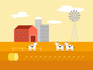 Happy cows on farm. Ranch barn, haystack, ears of corn, old style windmill. Country life. Cute hand-drown cartoon flat design vector character illustration. Stationary, fabric, print, web design.