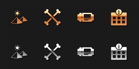 Set Egypt pyramids, Crossed human bones, Museum ticket and Information icon. Vector.