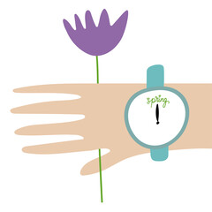 Spring time. The hands of the clock point to spring. A hand with a wristwatch holds a purple flower. A symbol of spring and the awakening of nature. Hand-drawn vector illustration.