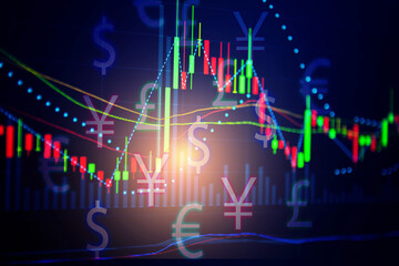 Candlestick chart in financial stock market on digital number background. Forex trading graphic design and Stock market trading trend as concept.