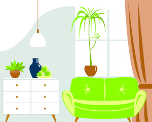 Vector graphics - a beautiful living room with blue walls, a window, a bright green sofa and a white chest of drawers with a still life. Concept - modern interior design