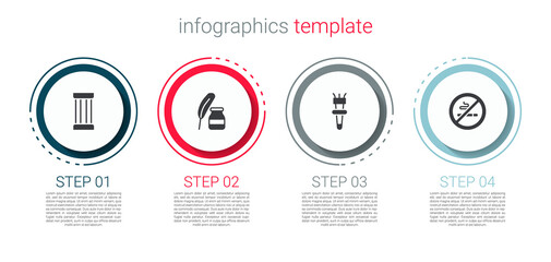 Set Ancient column, Feather and inkwell, Torch flame and No Smoking. Business infographic template. Vector.
