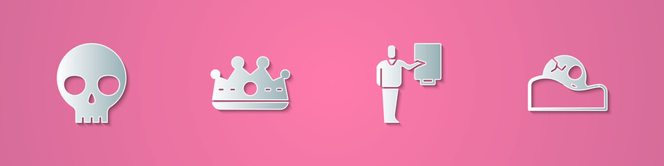 Set paper cut Human skull, King crown, Museum guide and icon. Paper art style. Vector.
