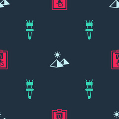 Set Portrait in museum, Egypt pyramids and Torch flame on seamless pattern. Vector.