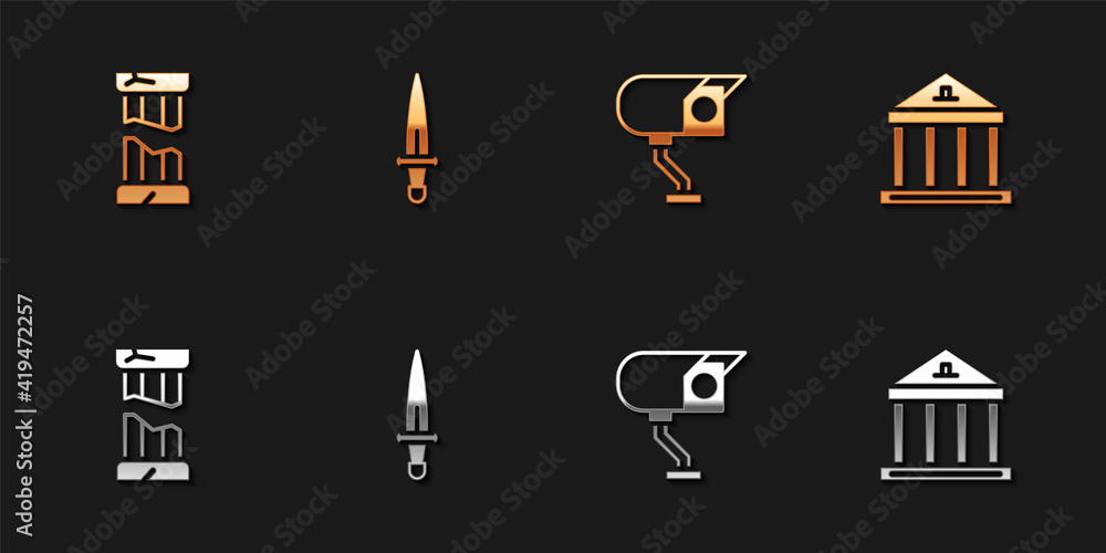 Poster set broken ancient column, dagger, security camera and museum building icon. vector.