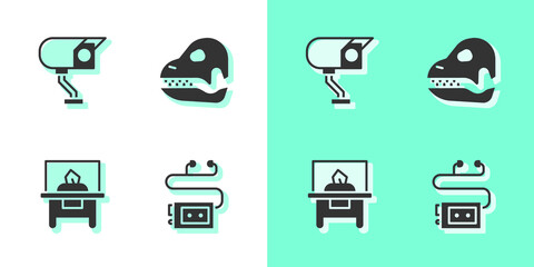 Set Museum audio guide, Security camera, Glass showcase for exhibit and Dinosaur skull icon. Vector.
