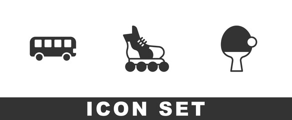 Set Bus toy, Roller skate and Racket and ball icon. Vector.