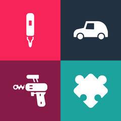 Set pop art Puzzle pieces toy, Ray gun, Toy car and Marker pen icon. Vector.