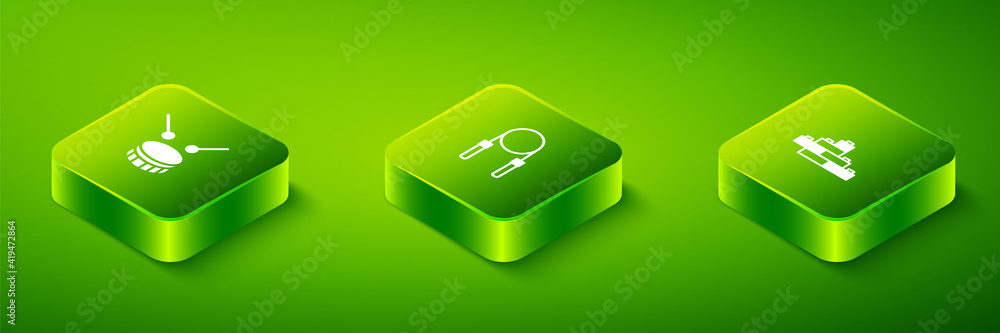 Poster set isometric jump rope, toy building block bricks and drum with drum sticks icon. vector.