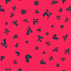 Set Rubber duck, Yoyo toy, Roller skate and Baby stroller on seamless pattern. Vector.