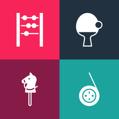 Set pop art Yoyo toy, Toy horse, Racket and ball and Abacus icon. Vector.