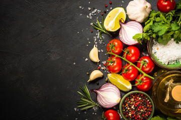 Food cooking background on black stone table. Fresh vegetables, spices, herbs. Ingredients for cooking. Top view with copy space.