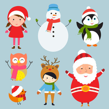 Merry Christmas! Set of cute cartoon Christmas characters.