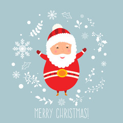 Merry Christmas greeting card with cute Santa Claus and decorations.