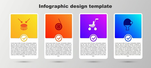 Set Drum with drum sticks, Yoyo toy, Baby stroller and Racket and ball. Business infographic template. Vector.