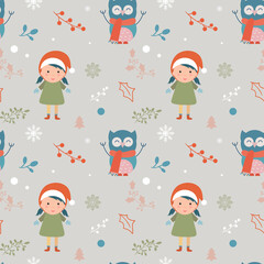 Merry Christmas pattern with cute characters and decorations.