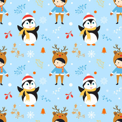 Merry Christmas pattern with cute characters and decorations.