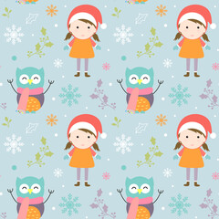 Merry Christmas pattern with cute characters and decorations.