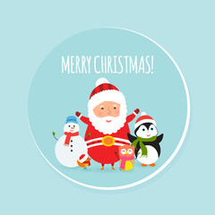 Merry Christmas greeting card with cute xmas characters.