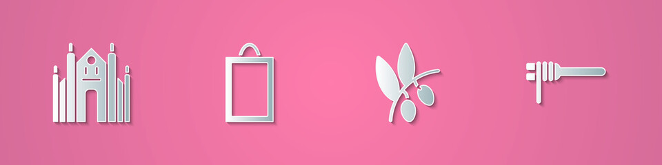 Set paper cut Milan Cathedral, Picture, Olives branch and Pasta spaghetti icon. Paper art style. Vector.