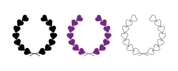 Purple color, silhouette, circular heart and an award, heraldry wreath. Collection of wreaths depicting success, victory, crown, winner, ornate, vector icon illustration.