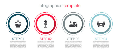 Set Bottle of olive oil, Mannequin, Village landscape and Car. Business infographic template. Vector.