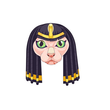 recommend clip art: Pink Sphynx cat in an Ancient Egypt wig in Cartoon style, vector mascot of Egypt hairless cat on white isolated background, concept of Egyptian culture and Fashion, Pets and Animals.