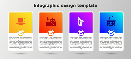 Set Coffee cup, Village landscape, Bottle wine in bucket and Handbag. Business infographic template. Vector.