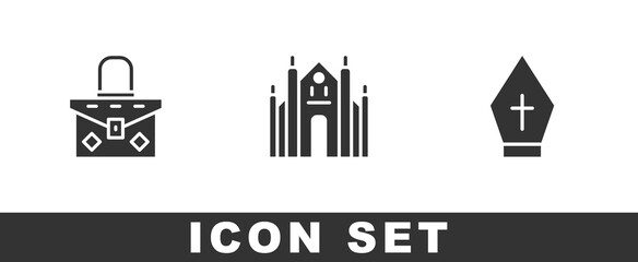 Set Handbag, Milan Cathedral and Pope hat icon. Vector.