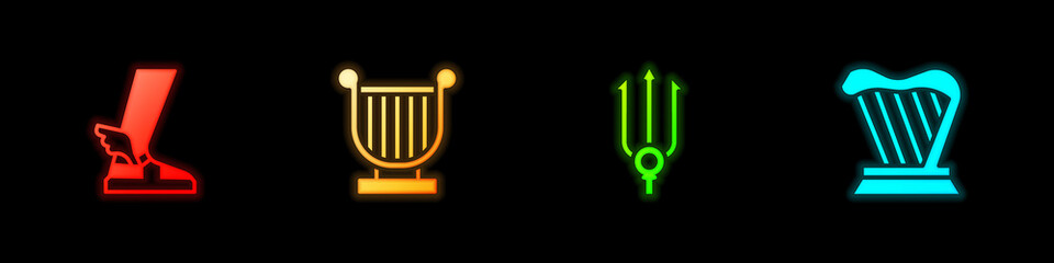 Set Hermes sandal, Ancient lyre, Neptune Trident and Harp icon. Vector.