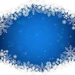 Fototapeta premium Blue Christmas background with white snowflakes frame