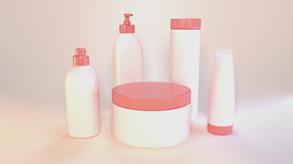 Set of 3D render packaging mockups of cosmetic products. Glossy bottles of shampoo, gel, cream, lotion, hair mask, aconditioner, deodorant…