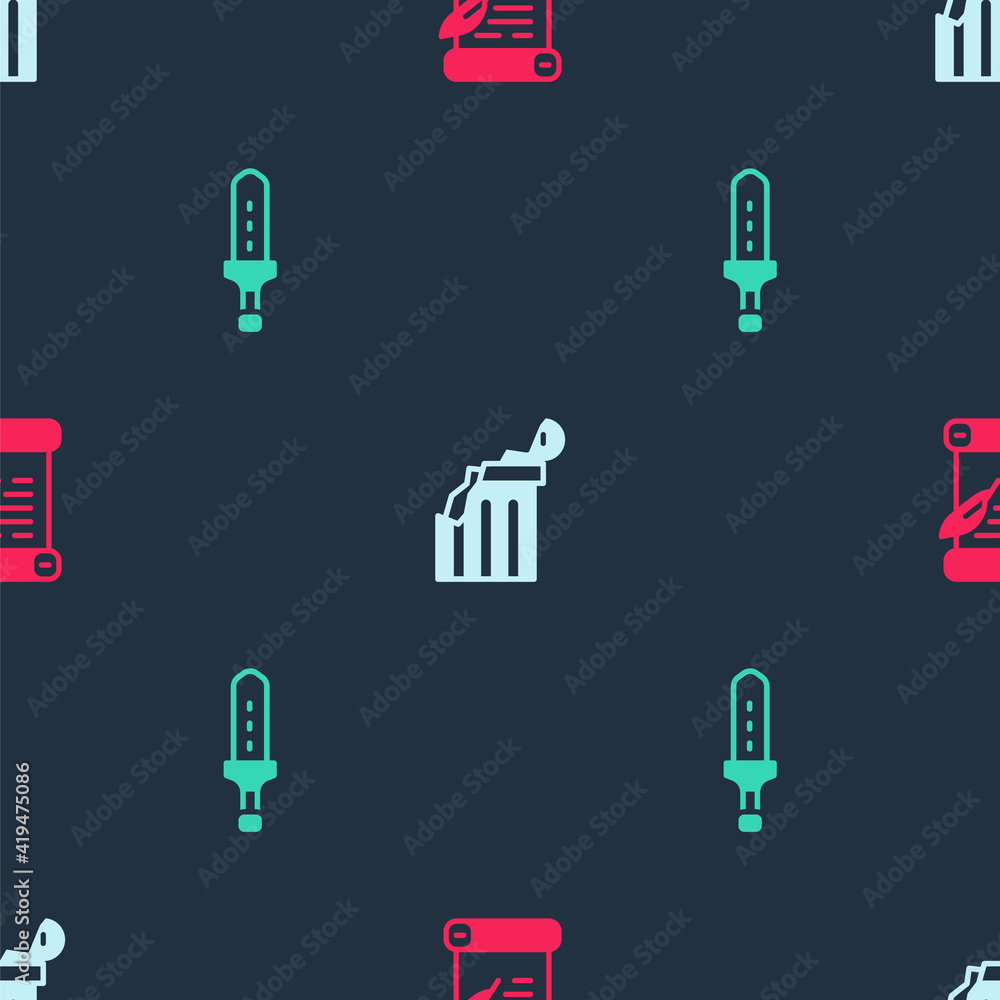 Poster set decree, parchment, scroll, broken ancient column and medieval sword on seamless pattern. vector.