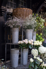Bouquets of roses, eucalyptus, waxflower, dill for sale at Liberty flower shop
