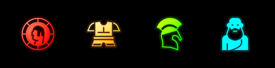 Set Ancient Greek coin, Body armor, helmet and Socrates icon. Vector.