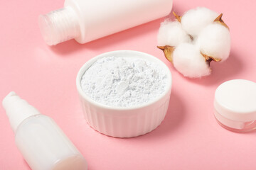 Alginate and clay face masks. Cosmetic products, masks and creams in jars. Top view, flat lay