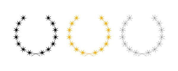 Collection of yellow color, silhouette, circular thin star and wreaths depicting an award, heraldry wreath. success, victory, crown, winner, ornate, vector icon illustration.