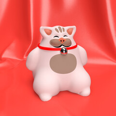 a white happy toy ceramic cat sitting over a red background. 3d illustration