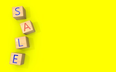 Wooden cubes with the letters SALE are laid out on a yellow background. 3D render
