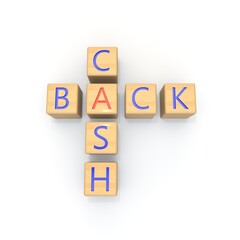 The CASH BACK inscription is laid out of wooden cubes with a crossword puzzle. Isolated white background. 3D illustration