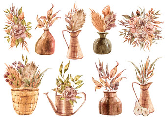 Watercolor set flowers in vases with tropical jungle leaves flowers and fruit on white background. Watercolor painting flower bouquets red, pink colors in vases.