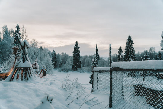 Scenic view of lush snowy coniferous trees against tipi with wooden poles near bonfire in wintertime