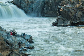 dramatic images of powerful river flow of the Potomac River in Great Falls National Park in...