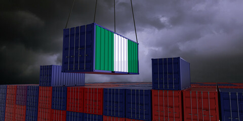 A freight container with the nigerian flag hangs in front of many blue and red stacked freight containers - concept trade - import and export - 3d illustration