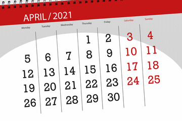 Calendar planner for the month april 2021, deadline day